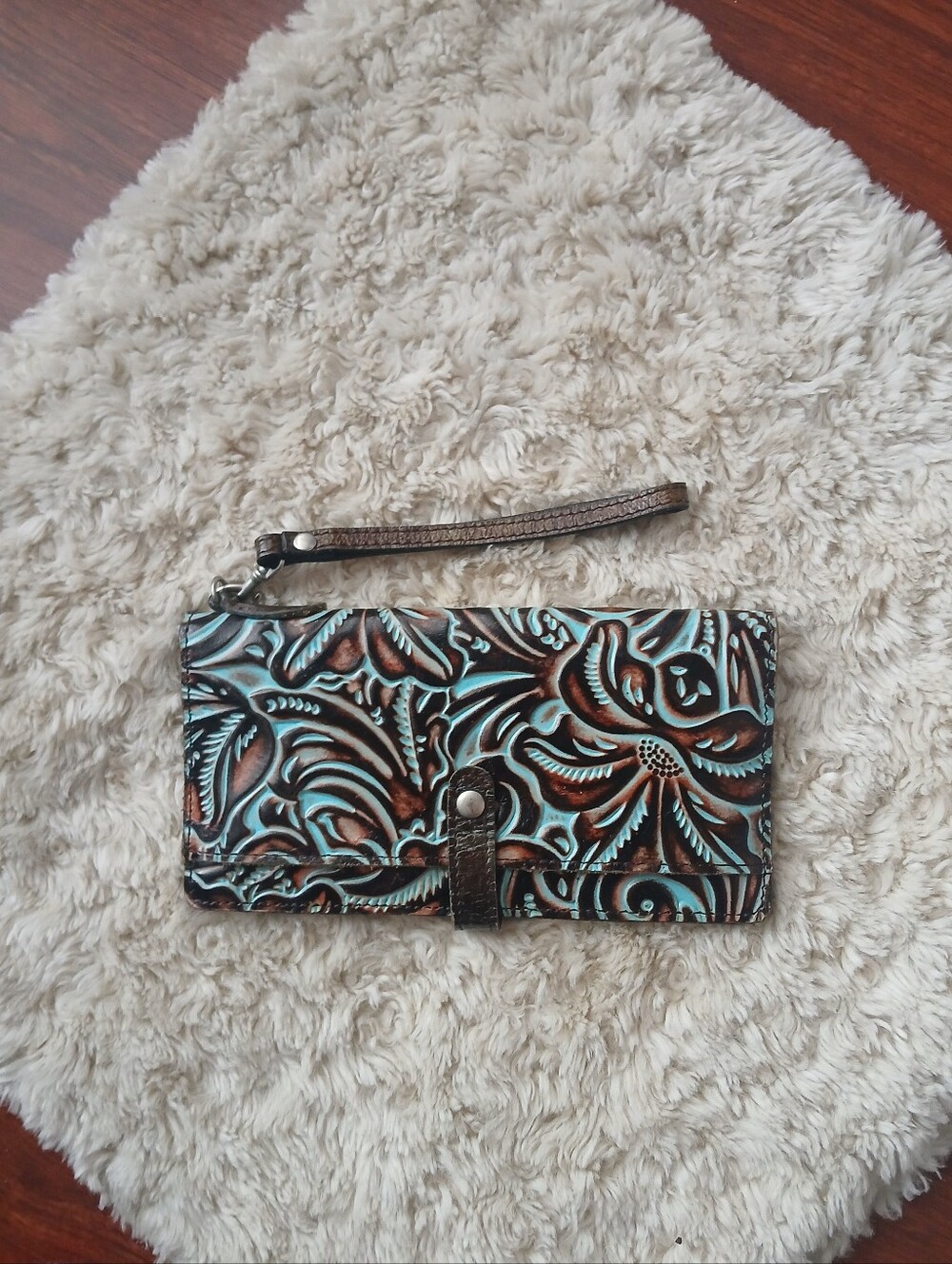 💎 Patricia Nash Tooled Leather Turquoise Floral Wristlet Wallet